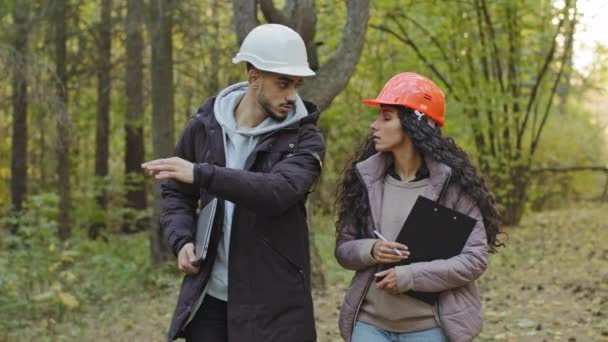 Két különböző erdészeti mérnök keménykalapban táblagéppel, indiai férfi és keleti nő sisakban, sétálnak a parkban, ellenőrzik a fákat, jegyzetelnek, tervezik az erdők újraerdősítését. — Stock videók