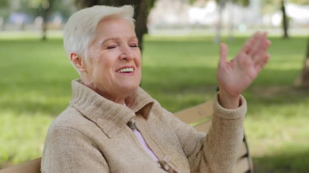 笑顔灰色の髪のおばあちゃん暖かい服をベンチに座って屋外で涼しい天候でリラックスし、こんにちはやさようなら、高齢者の女性定年退職年齢、屈託のない概念を振って正の女性を引退 — ストック動画