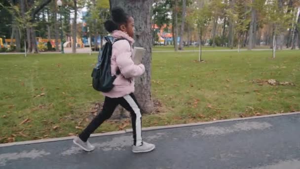 Vista lateral pequeña colegiala niña afroamericana niña africana bebé alumno con mochila y libro calle peatonal en el parque de vuelta a la escuela. Solo niño alegre camina al aire libre en el fondo de otoño — Vídeos de Stock