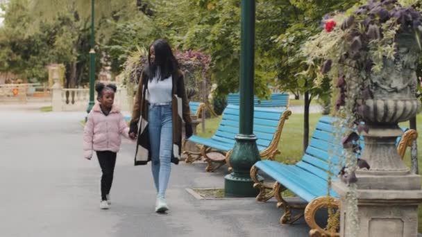 Anne ve kızı hafta sonu şehir parkında yürüyorlar. Anne küçük kızı tutuyor. Mutlu Afrikalı Amerikan ailesi açık havada iletişim kuruyor. — Stok video