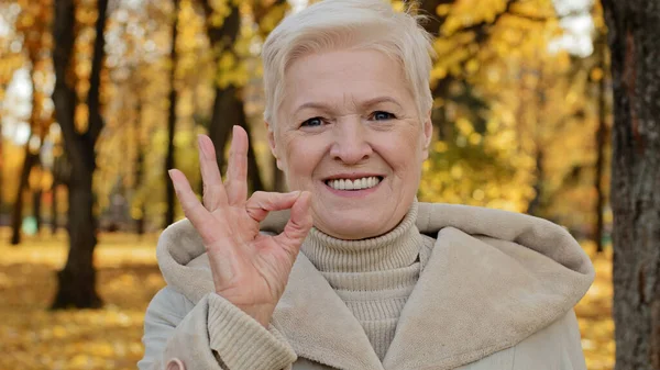 Счастливая пожилая женщина радостно улыбается стоя в осеннем парке зрелая бабушка смотрит в камеру показывая жест хорошо символ удовлетворения все штраф положительный веселый пожилой пенсионер на открытом воздухе — стоковое фото