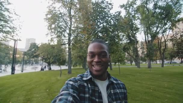Telefone móvel webcam vista jovem feliz masculino blogueiro africano americano cara vlogger homem gravação vídeo vlog online conversa bate-papo conferência na natureza parque ao ar livre acenando mão convidando radiodifusão — Vídeo de Stock