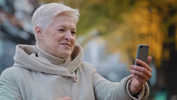 Θετική ώριμη γιαγιά κάνουν βιντεοκλήση χαιρετισμό μεγαλύτερη γιαγιά απολαύσετε ωραία εικονική συνομιλία στο πάρκο φθινοπωρινή συζήτηση χρησιμοποιώντας app στο τηλέφωνο ανώτερος 60s γυναίκα χαμογελώντας ευτυχώς μοιράζονται καλά νέα σε εξωτερικούς χώρους — Αρχείο Βίντεο