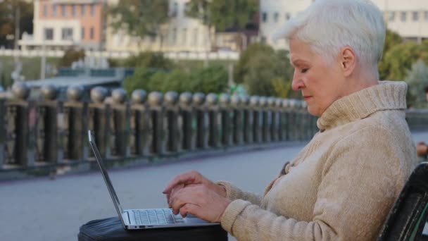 Mujer mayor de edad de jubilación escribiendo en la computadora en busca de bienes de compra en línea. Vista lateral de la mujer de negocios adulta madura que trabaja en el ordenador portátil, comprobar el correo sentado al aire libre en fin de semana — Vídeos de Stock
