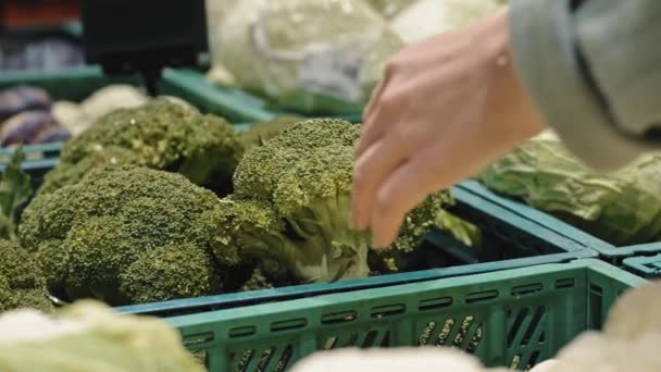 Female hands of woman female shopper consumer chooses healthy tasty vegetables take green cauliflower lady vegetarian buying shopping in supermarket grocery store healthy lifestyle food and nutrition — Vídeo de Stock