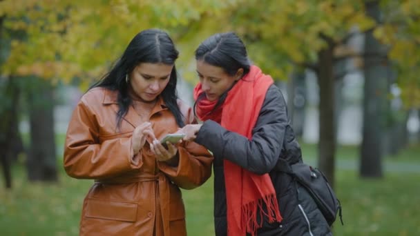 Deux belles jeunes femmes hispaniques se tiennent dans les filles du parc d'automne en utilisant un smartphone regarder gadget choisir des vêtements dans le magasin en ligne achats femelles utilisent cool nouvelle application de téléphone jouer sur téléphone mobile — Video