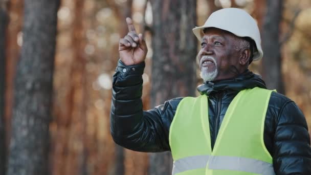 Ingeniero forestal de edad avanzada comparte experiencia profesional evalúa el medio ambiente un capataz supervisa la tala de árboles de emergencia viejo guardabosques en puntos de casco de protección dedo sacudir la cabeza de acuerdo buen trabajo — Vídeo de stock