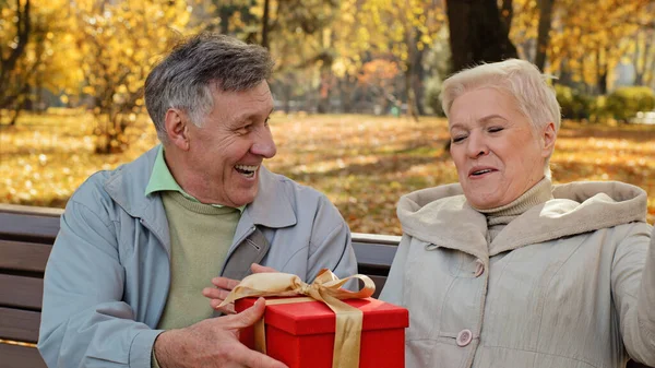 Mature man gives gift to beloved wife on birthday elderly woman happily laughs positive married couple celebrating anniversary unexpected surprise excited lady middle aged receive wrapped festive box