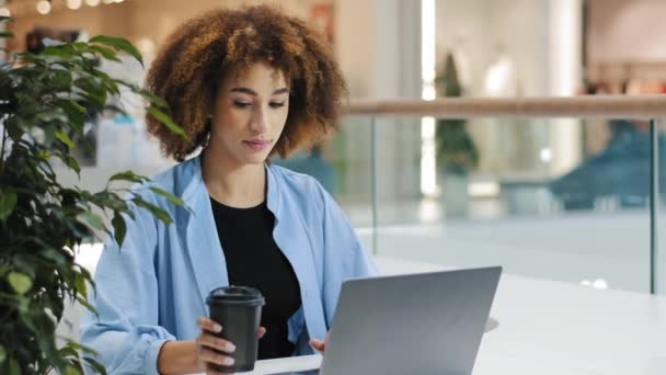 Fiatal komoly fókuszált millenniumi afro-amerikai lány üzleti nő szabadúszó menedzser szakember ül asztalnál kávézóban dolgozik laptop válaszol üzenetet ír jelentés tanulmány ivás kávé — Stock videók