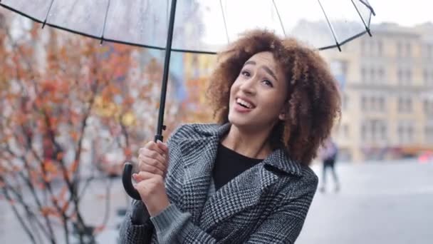 Afrikaans Amerikaans meisje gelukkig vrouw vrouwelijk toeristisch dame staat in sterke wind regen storm koud winderig herfst weer buiten in de stad straat met transparante paraplu lachen plezier kijkend in de lucht — Stockvideo