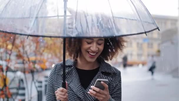 Africano americano menina mulher com guarda-chuva transparente fica na cidade na chuva assistindo vídeo engraçado no telefone recebe mensagem humorística ri sinceramente se divertindo ao ar livre rindo com smartphone — Vídeo de Stock