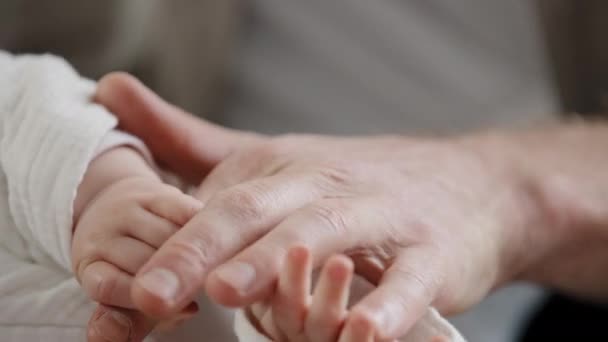 Close-up of baby little cute hand reaching touching male hand father. Infant newborn kid holding parents finger. Dad child bonding touch. Family childcare fatherhood parenthood protection adoption — Stock Video