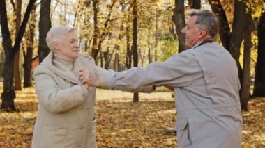 Mutlu yaşlı insanlar sonbahar parkında jimnastik yapıyor. Yaşlı çiftler birlikte gülümsüyor. Emekliler kol kaslarını esnetiyorlar.