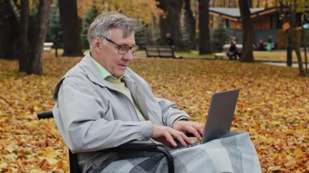 Feliz anciano en silla de ruedas en el parque de otoño escribiendo en el ordenador portátil se comunica de forma remota jugando a las alegrías del juego de ordenador en la victoria leyendo buenas noticias abuelo con discapacidad utilizar la tecnología moderna al aire libre — Vídeos de Stock