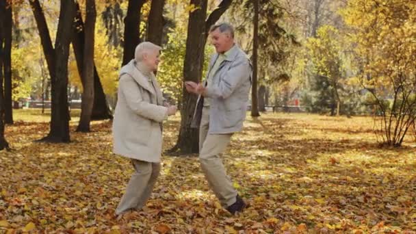 Pozitivní starší rodina tanec legrační tanec v podzimním parku bezstarostní staří lidé bavit trávit čas spolu venku šťastný starší pár pohybovat rytmicky na hudbu zdravý aktivní životní styl koncept — Stock video