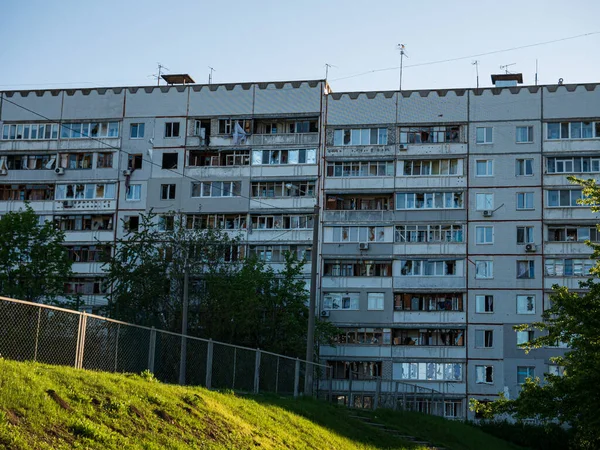 Kharkiv, Kharkov, Ukraine - 05.07.2022: destroyed buildings burnt skyscraper horror war civilian apartments ruins destroyed houses after missile attack bomb shelling ruined city Russian invasion — Stockfoto