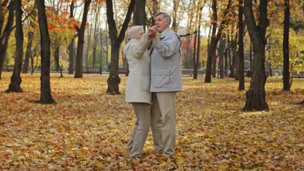 Cuidados idosos caucasianos avós família dançando dança romântica juntos no parque de outono feliz casal mais velho se movendo ao ar livre parceiros amorosos meia-idade marido sênior abraços cintura amado esposa — Vídeo de Stock