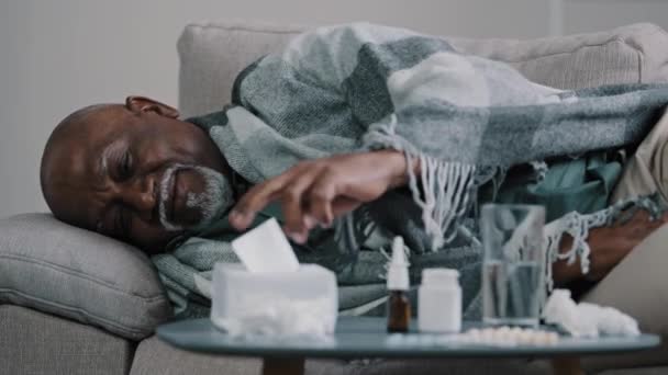 Oude Afro-Amerikaanse 60s man ziek lijden volwassen senior ziek 70s mannelijke patiënt grootvader niest loopneus veegt snot met papieren weefsel ziekte infectie thuis liggend op de bank bedekt met deken — Stockvideo