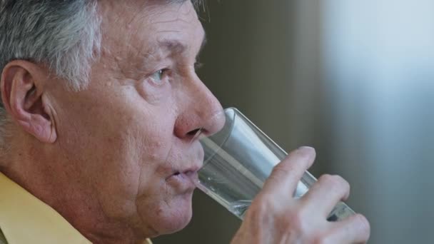 Close up anziano maturo uomo caucasico guardando lontano pensando tenendo bicchiere di acqua naturale pulita bevande h2o assistenza sanitaria abitudini sane nonno bere a casa disidratazione energia rinfresco — Video Stock