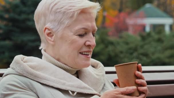 Happy dreamful gray-haired elderly mature lady grandmother sitting on park bench drinking coffee hot tea from disposable cup healthy cheerful senior middle aged woman enjoy pension free time outdoors — Stock Video