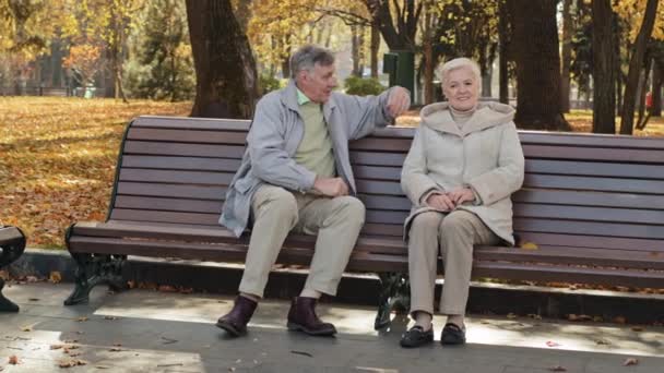 Dojrzałe stary kaukaski para dziadkowie siedzieć na ławce starszy emeryt mężczyzna przytulanie bliżej w średnim wieku samotna kobieta flirt beztroskie rozmowy zewnątrz data spotkanie w jesienny park romantyczne związki — Wideo stockowe