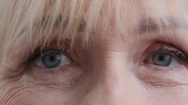 Blå ögon äldre dam med rynkor tittar på kameran närbild patient oftalmologisk klinik vision korrigering kosmetologi make-up ögonfransar åldrande hud kaukasisk mor mormor kvinna — Stockvideo