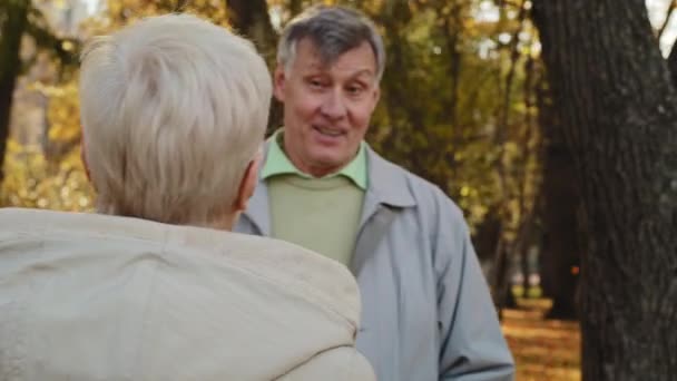 白种人年迈的中年妇女奶奶在秋天的公园里遇见了拥抱年长的丈夫养恤金领取者爷爷可爱的老夫妇家庭感到同情拥抱户外浪漫和谐的关系 — 图库视频影像