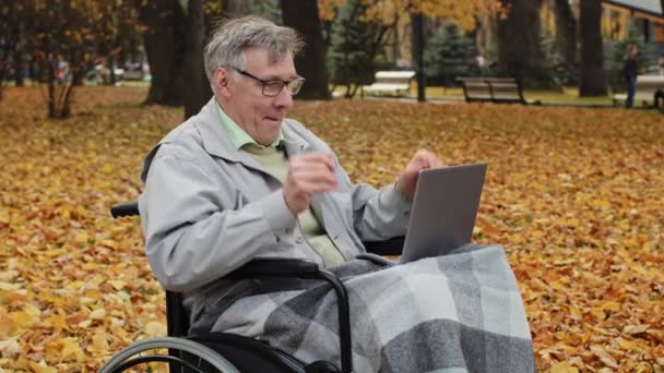 Szczęśliwy Starszy Kaukaski Starszy Mężczyzna Emeryt Dziadek Siedzieć Sam Wózku — Wideo stockowe