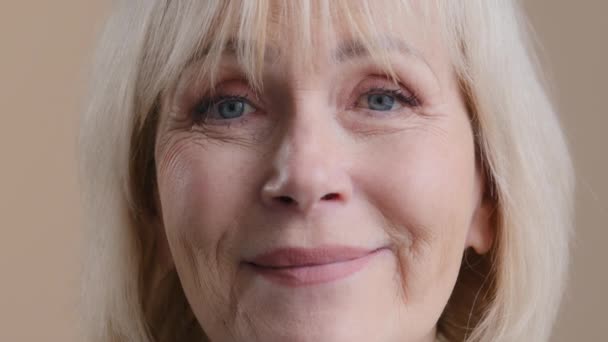 Nahaufnahme Faltiges Weibliches Gesicht Porträt Lächelnd Ältere Grauhaarige Geschäftsfrau Glücklich — Stockvideo