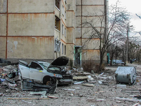 Kharkiv Kharkov Ukraine 2022 Accident Voiture Brûlée Transport Tas Épaves — Photo