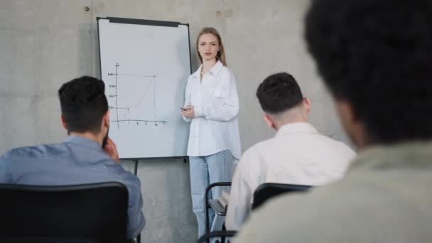 Professora Jovem Fica Perto Flip Chart Sala Aula Lição Explica — Vídeo de Stock