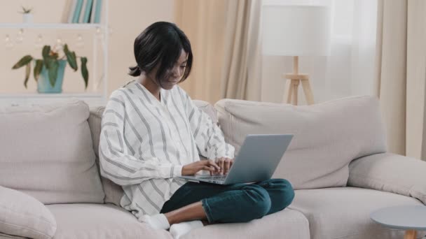 Jonge Vrouw Zitten Comfortabele Bank Woonkamer Typen Laptop Vrouwelijke Freelancer — Stockvideo