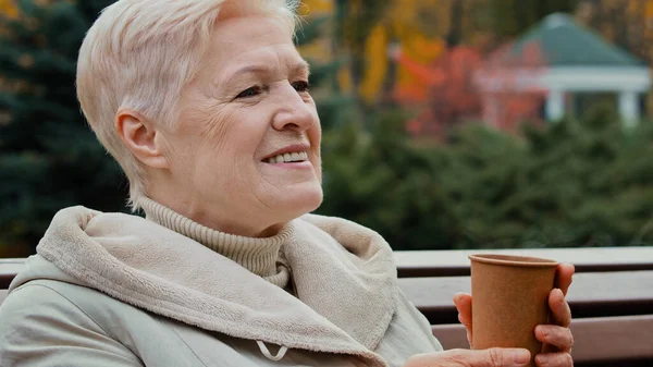 Glückliche Grauhaarige Verträumte Ältere Frau Großmutter Trinkt Kaffee Heißen Tee — Stockfoto