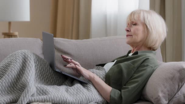 古いシニア白人灰色の髪の女性は Webコンピュータアプリケーションでノートパソコンの書き込み電子メールを入力毛布で覆われたソファの上に座っている インターネットでPcオンラインショッピングを使用してリビングルームで高齢者の成熟した女性 — ストック動画