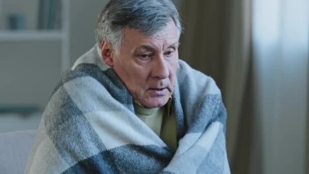 自宅で発熱高齢者の男性に苦しんでいる病気の白人男性家で高齢者の男性包まれた暖かい毛布はナプキンで額から汗を拭く寒さを感じるコロナウイルスの症状高齢者のCovid — ストック動画