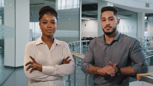 Couple Two Multiracial Partners Indoors Office Corporate Company Looking Camera — Stock Video