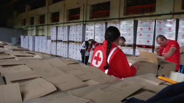 Kharkiv Kharkov Region Rogan Ukraine 2022 Icrc Volunteers Packing Humanitarian — 图库视频影像