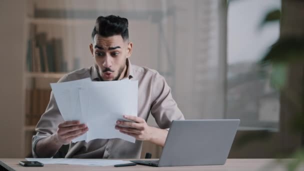 Shocked Businessman Arabian Man Check Documents Get Real Successful Contract — Stockvideo