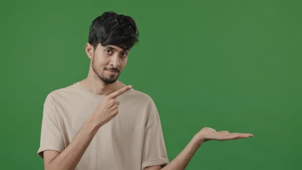 Arabic Indian Man Holds Copy Space Hand Points Empty Place — Stock Video