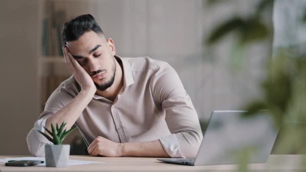 Tired Sleepy Hispanic Man Arab Guy Dreaming Overworked Male Student — Stock Video