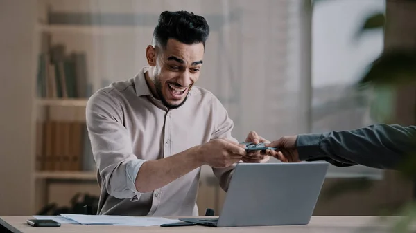 Shocked Happy Successful Businessman Arabic Guy Check Documents Receive Approval — Foto de Stock