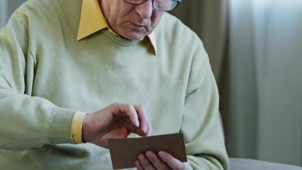 Portrait Old Man Ecstatic Grandpa Glasses Sits Home Indoors Receives — Vídeos de Stock