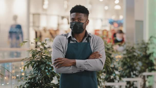 Confident Restaurant Worker Medical Mask Standing Indoors Barman Seller Waiter — Stock Video