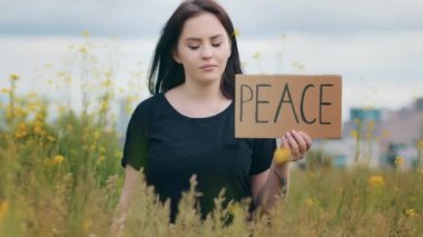 Unhappy lady brunet woman activist pick up two paper banners with inscription peace cardboard in blue yellow ukrainian flag colors sad young girl stand outside protesting military conflict in Ukraine