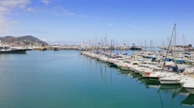 Aerial drone panoramic view of vieux port Porto Maurizio coastline in south Italy luxury marina yacht club rich ships docked sailboats in Liguria bay seaside european coastline from above in sunny day