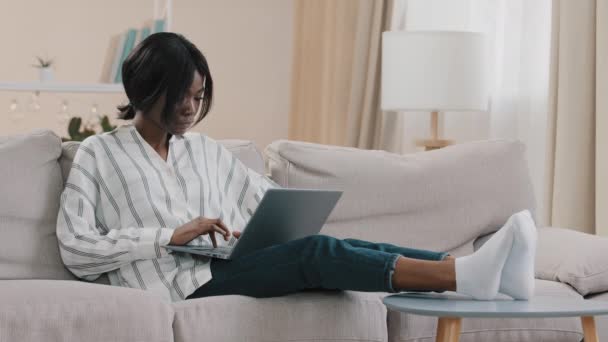Młoda Skupiona Bizneswoman Freelancer Wpisując Laptopie Pracującym Zdalnie Domu Przy — Wideo stockowe