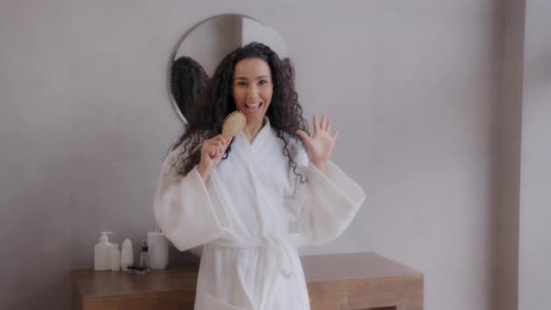 Young Happy Carefree Woman Bathrobe Dancing Bathroom Expressive Sings Using — Wideo stockowe