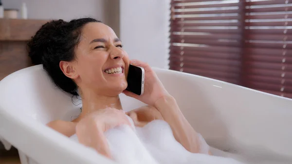 Joyful Young Woman Lies Foam Bath Relaxes Luxurious Bathroom Satisfied — Stock Photo, Image