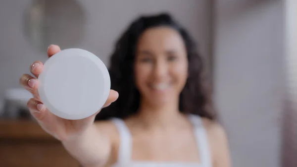 Out Focus Happy Smiling Young Woman Standing Bathroom Holding Cosmetic — Stock Photo, Image