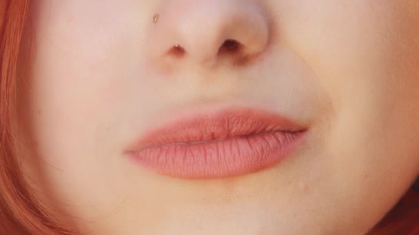 Extreme Close Female Part Face Sensual Lips Perfect Healthy Smile — Vídeos de Stock